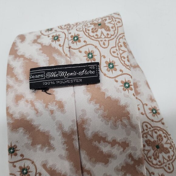 Vintage Sears Mens Tie Beige & White Patterned Polyester Retro 55.5" L 3.75" W - Picture 4 of 5